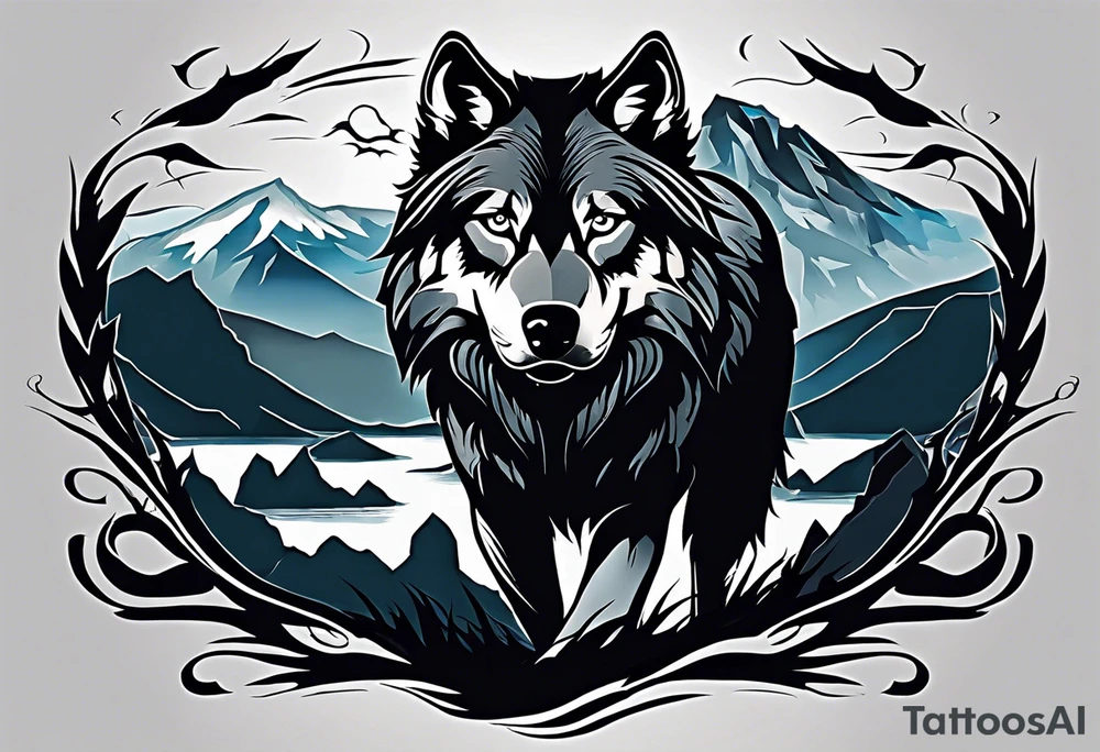 tattoo of a lone wolf navigating through a rugged landscape, with each obstacle representing a life battle – rocky terrain symbolizing challenges, storm clouds signifying hardships, and wild rivers representing struggles. The wolf is depicted with piercing eyes and a determined expression, embodying resilience and strength as it forges ahead. In the background, a subtle glow of sunlight breaks through the clouds, symbolizing hope and perseverance. Alongside the wolf, the phrase "Endure and Conquer" is inscribed in bold, minimalist lettering, encapsulating the theme of overcoming adversity with resilience and determination. tattoo idea