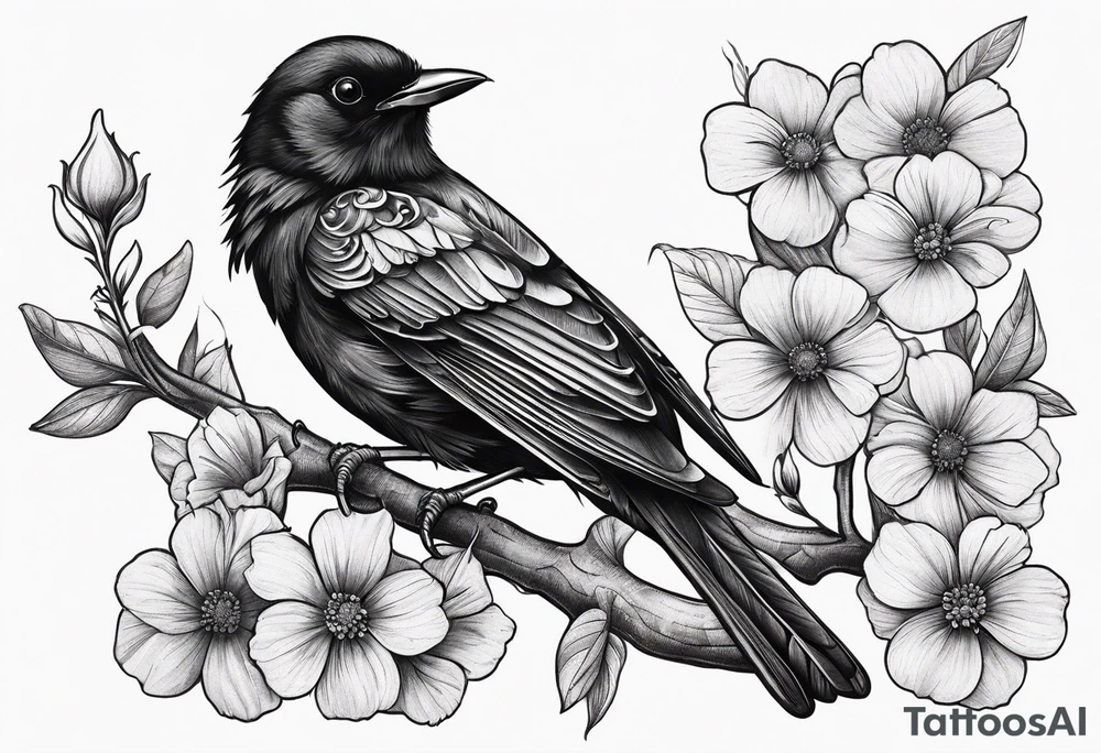 A black bird with its wings open on a branch with flowers tattoo idea