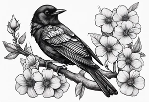 A black bird with its wings open on a branch with flowers tattoo idea
