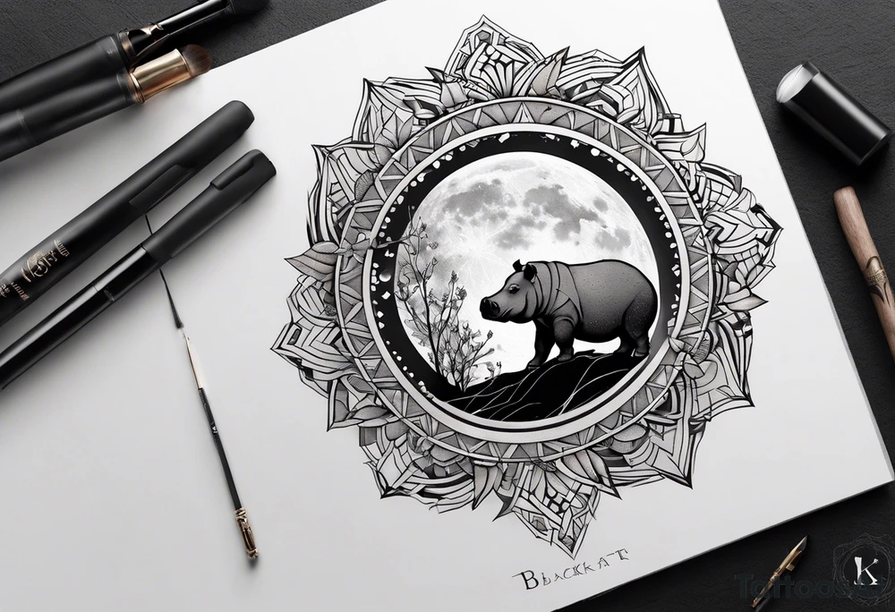Very asymmetrical, +geometric pattern, with realistic full moon, with hippo at side look, +tribal, +geometric, +inkart , +blackwork, +grey scale, + sketch
with wintersweet flower bud, +inkart touch, +for men tattoo idea