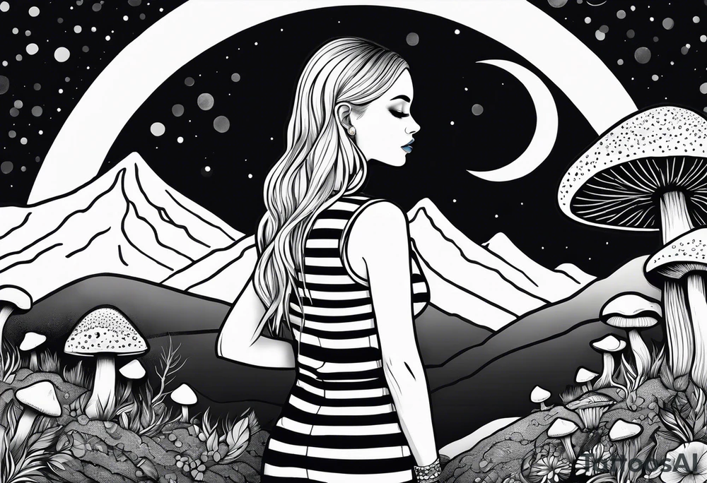 Straight blonde hair girl facing away toward mountains surrounded by mushrooms crescent moon circular design black and white striped dress tattoo idea