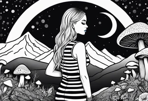 Straight blonde hair girl facing away toward mountains surrounded by mushrooms crescent moon circular design black and white striped dress tattoo idea