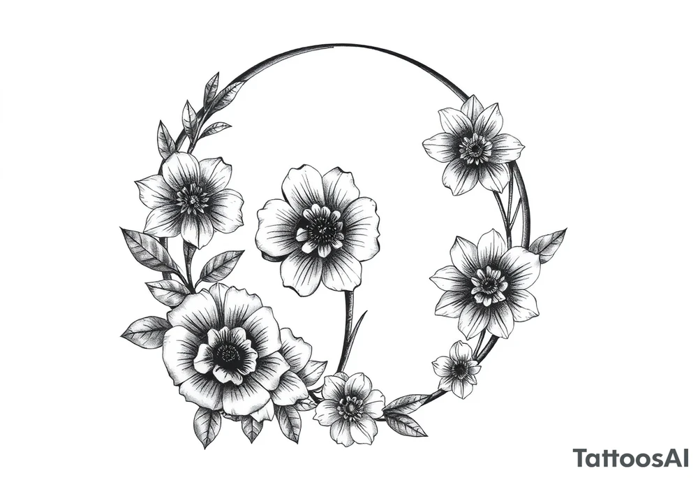 moon-shaped diferent flowers tattoo idea