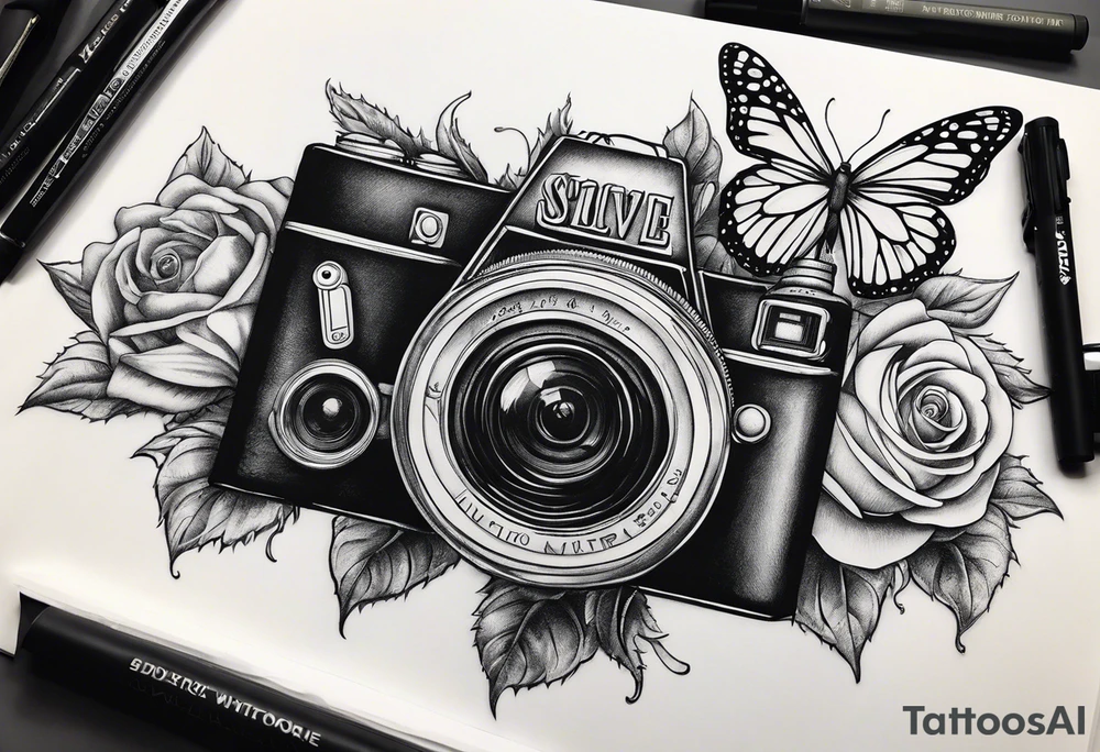 Book, sunflower, camera, butterfly, flower rose tattoo idea Book, sunflower, camera, butterfly, flower rose tattoo idea