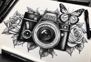 Book, sunflower, camera, butterfly, flower rose tattoo idea