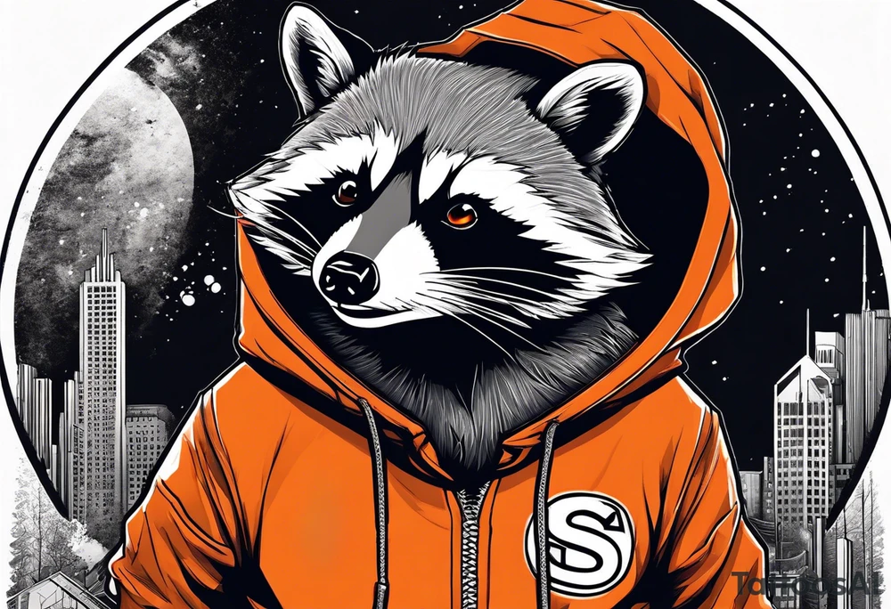 Raccoon wearing an orange Superman hoodie tattoo idea