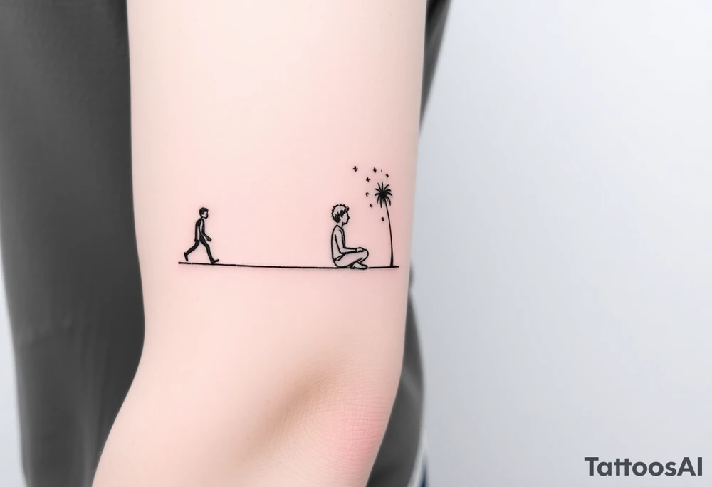 Create a minimalist tattoo design that wraps around the upper right arm, just below the armpit and above an existing blackwork sleeve.

Design Flow:

The tattoo is connected by a thin, continuous line that wraps around the arm.

On the outer/front arm, place a small, minimal walking figure on the line, moving forward. The line should have a gentle wave under his steps to create movement.

The line continues to the inner arm, where a boy is sitting on the line (with his back to the viewer, legs dangling below the line).

To the right of the boy, place a slightly leaning palm tree growing from the line.

Behind or beside the tree, include a minimal sun, low on the horizon (simple circle or half-sun).

In the space above, softly scatter minimalist stars, mostly dots, with 2–3 sparkles or tiny diamond shapes.

Style Notes:

Keep everything in fine line / minimalist style, no heavy shading

Design should feel light, dreamy, and reflective — symbolizing balance between stillness and motion

Line should echo the flow of the existing tribal/blackwork arm band below, but not mimic or clash with it

The boy should sit directly under the palm and with the back to the viewer and the feet hanging from the line. can you make the boy closer to the palm and with the back to the viewer? tattoo idea