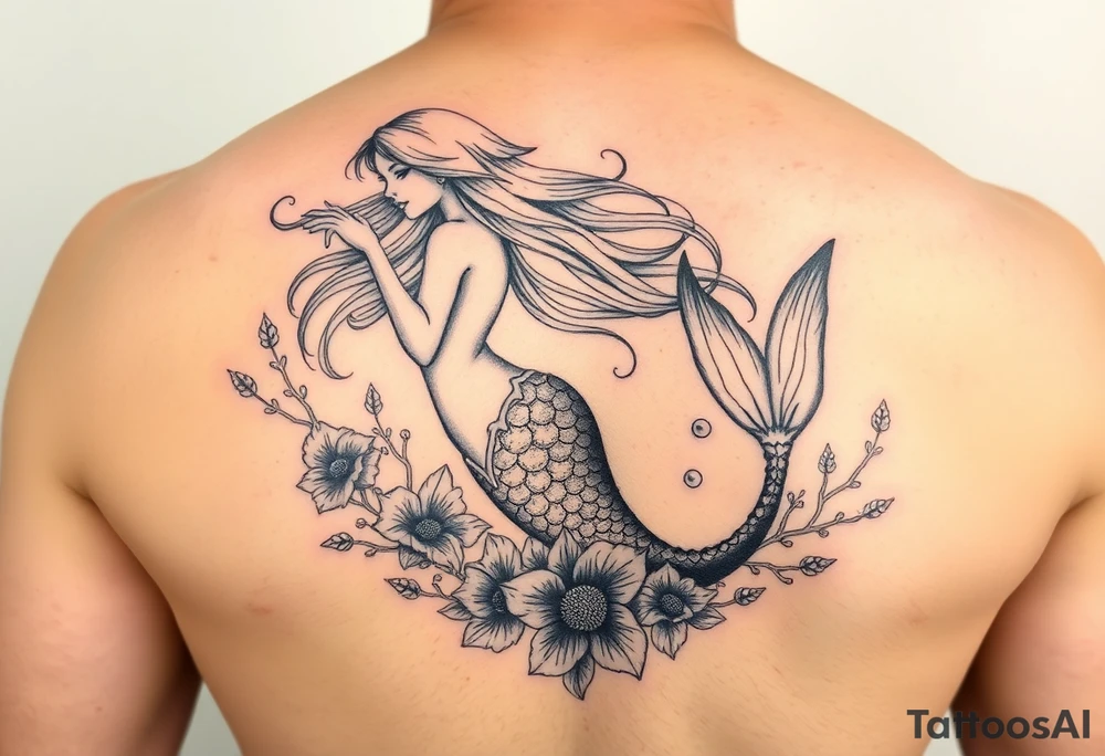 ethereal mermaid with flowing hair among coral and sea flowers tattoo idea
