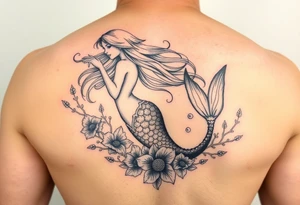 ethereal mermaid with flowing hair among coral and sea flowers tattoo idea