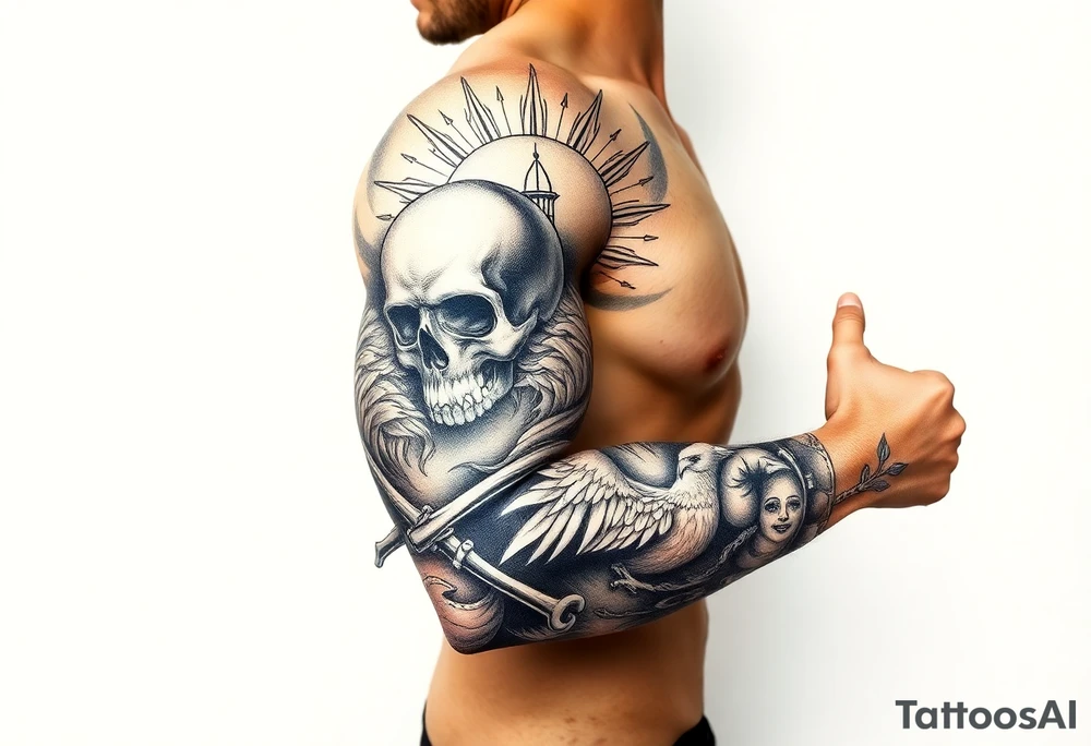 Skull and crossbones, sun, phoenix, light house. tattoo idea