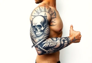 Skull and crossbones, sun, phoenix, light house. tattoo idea