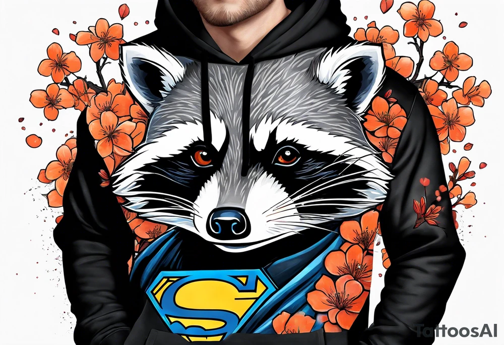 Raccoon wearing a white Superman logo on a black hoodie and orange Japanese cherry blossoms beside tattoo idea