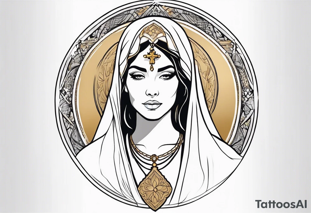 A serene and elegant portrait of a woman with a calm and angelic expression, wearing a delicate white veil, gold jewelry with intricate designs, and a pendant with a religious icon. tattoo idea