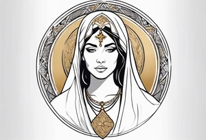 A serene and elegant portrait of a woman with a calm and angelic expression, wearing a delicate white veil, gold jewelry with intricate designs, and a pendant with a religious icon. tattoo idea