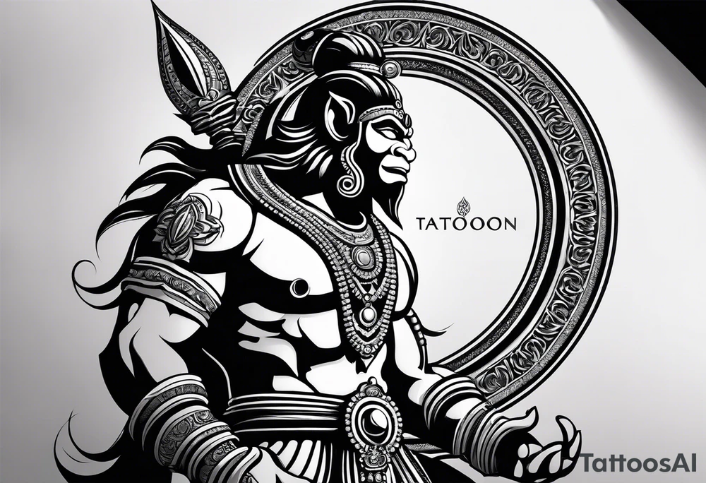 A simplified depiction of Hanuman, focusing on clean lines and minimal detail to capture his essence. Key features like his face, his mace (gada), and his posture could be subtly defined, without overwhelming detail. Avoid intricate textures, focusing more on silhouette and key symbolic elements.

ensure his entire body and tail 
is in the design tattoo idea