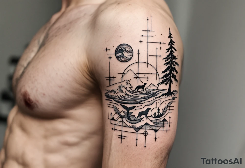 Fine line powerful ocean half sleeve with a wave, a whale, a Joshua tree, and a dog as separate elements connected by geometric patterns tattoo idea