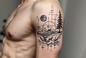 Fine line powerful ocean half sleeve with a wave, a whale, a Joshua tree, and a dog as separate elements connected by geometric patterns tattoo idea