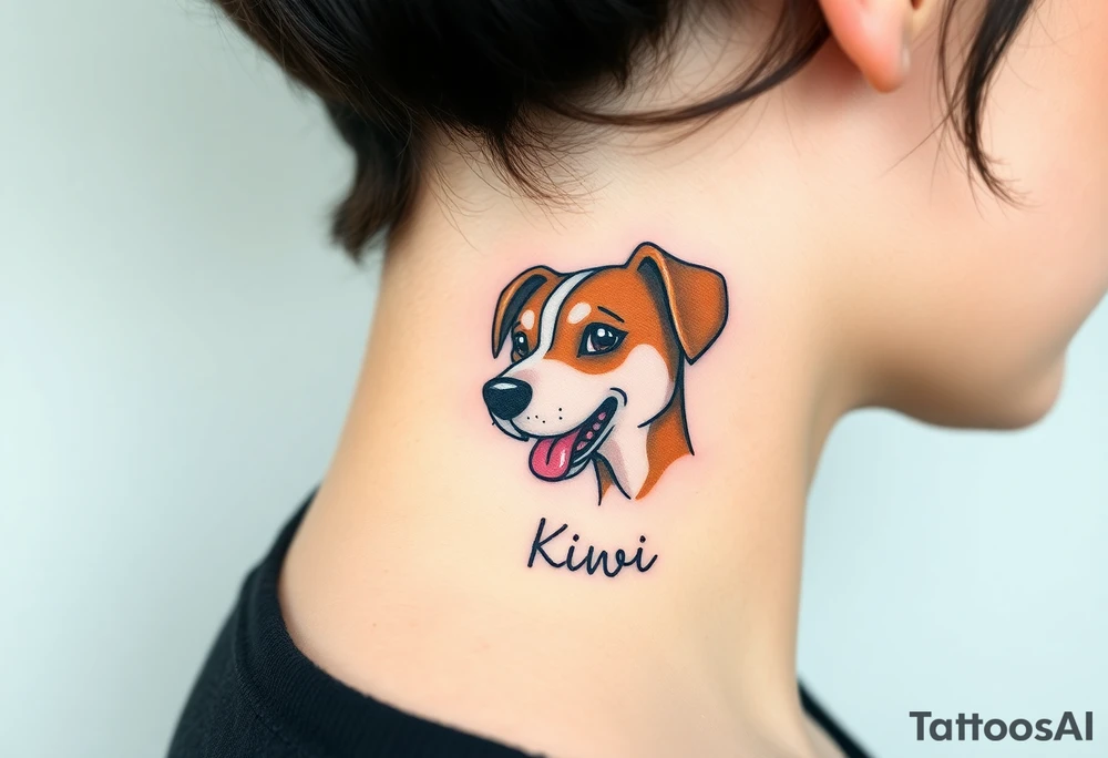 One line tattoo of female dog with white strip going up dog’s snout slightly off centered. With  the dogs tongue slightly out and the name kiwi and an Aquarius them to it . Just the colors black  white brown and green tattoo idea