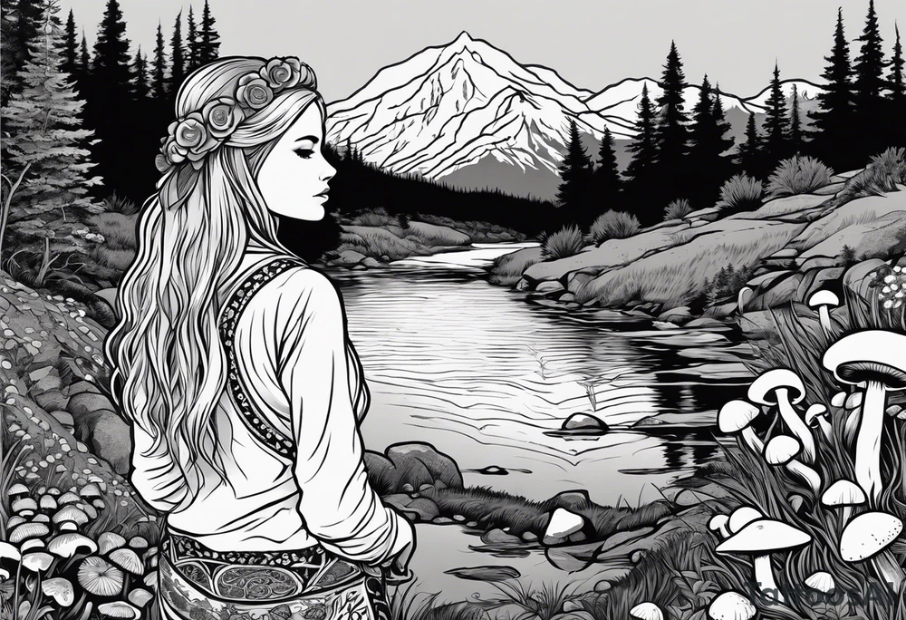 Whole picture encircled fully

Straight long blonde hair hippie girl in distance holding mushrooms in hand facing away toward mountains and creek surrounded by mushrooms long sleeve shirt and hiking pants; whole rendering within a full celtic circle border, no cut off circle tattoo idea