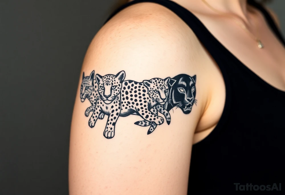old school style montage of these big cats:
a leopard , a cheetah , a jaguar a black panther and a lion - as a wrap around bracelet style - about 3 inches each cat - on my upper right arm right above the elbow tattoo idea
