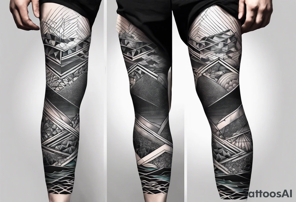 Ocean full leg sleeve male geometric tattoo idea