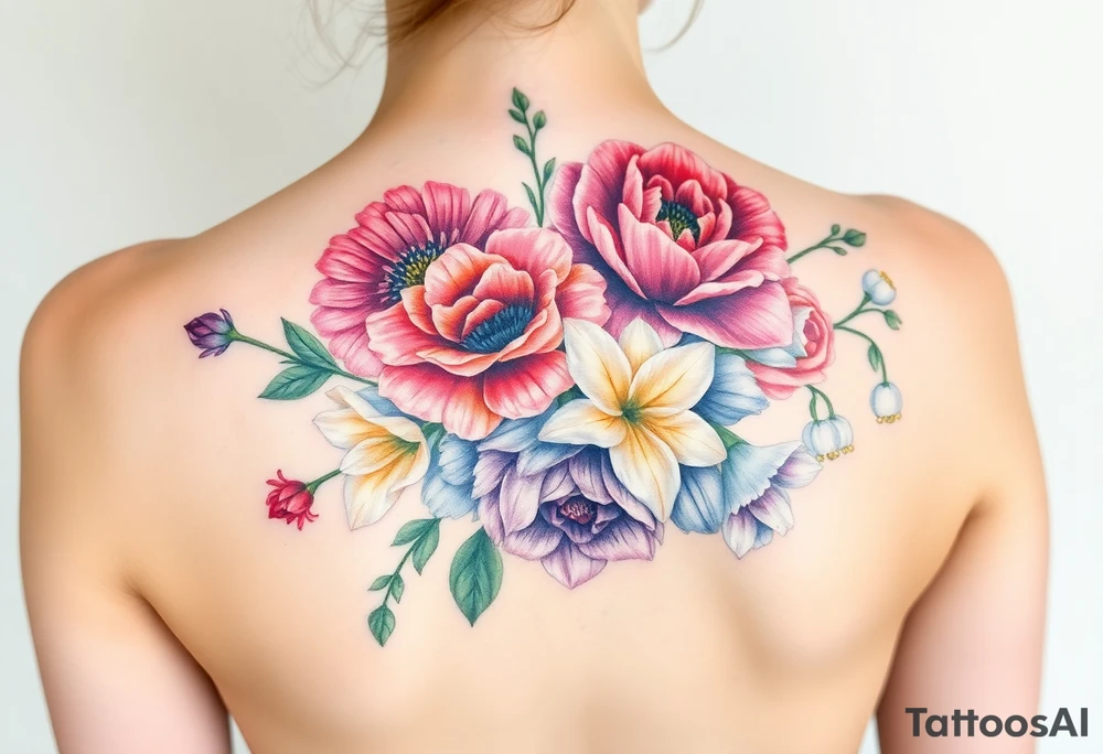 Bouquet of flowers with a aster, carnation, rose, Lily of the valley, delphinium with stems Starting upper middle back to right shoulder tattoo idea