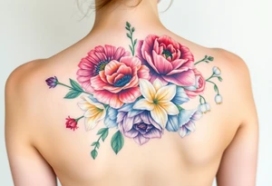 Bouquet of flowers with a aster, carnation, rose, Lily of the valley, delphinium with stems Starting upper middle back to right shoulder tattoo idea