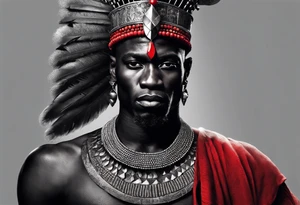 Black-skinned bald african warrior. He is a god of the war. Wears a simple red necklace and a silver crown tattoo idea