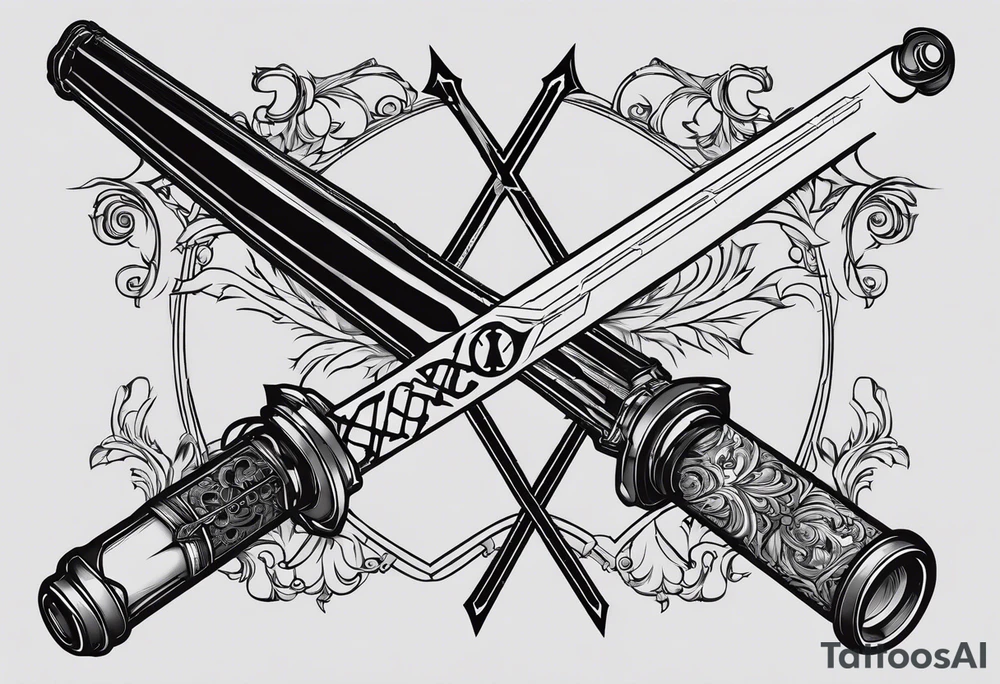 Lightsaber and a Wand from Harry Potter overlapping to make an "X" and in the spaces between the "X" put the letters A,J,L and N. tattoo idea