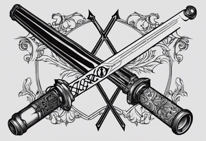 Lightsaber and a Wand from Harry Potter overlapping to make an "X" and in the spaces between the "X" put the letters A,J,L and N. tattoo idea