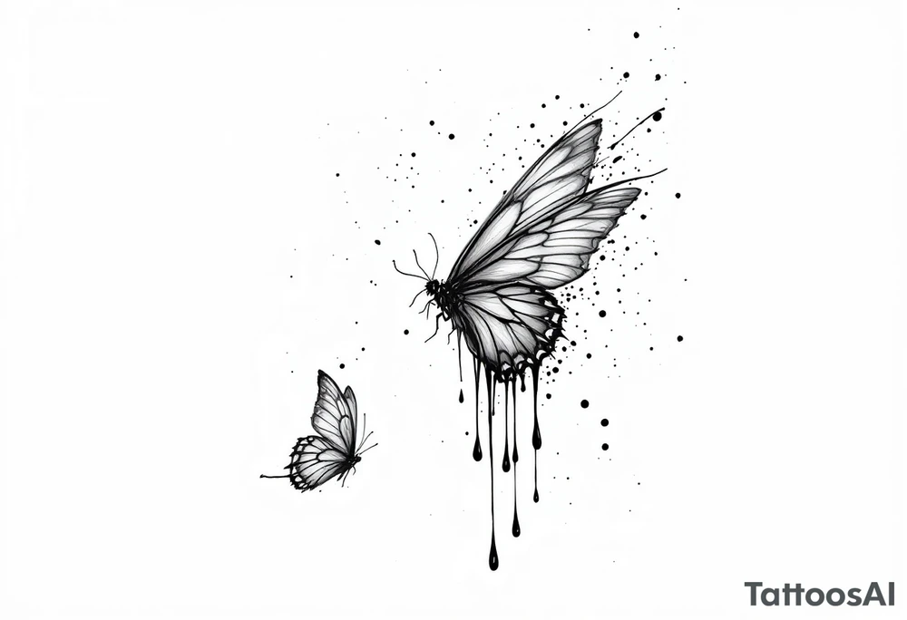 Bleeding butterfly and a second one who is in mental horror style and his placement is left and down from the first one tattoo idea