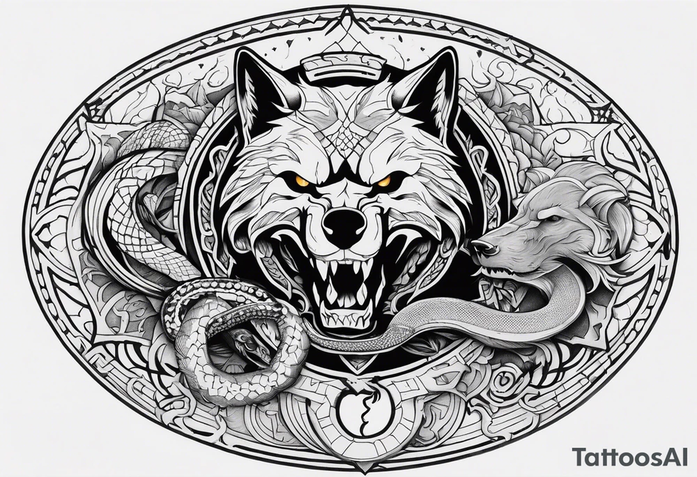 A skull, a Wolf and a Snake making a circle, insider a Hammer and a thunder tattoo idea A skull, a Wolf and a Snake making a circle, insider a Hammer and a thunder tattoo idea