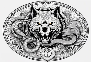 A skull, a Wolf and a Snake making a circle, insider a Hammer and a thunder tattoo idea