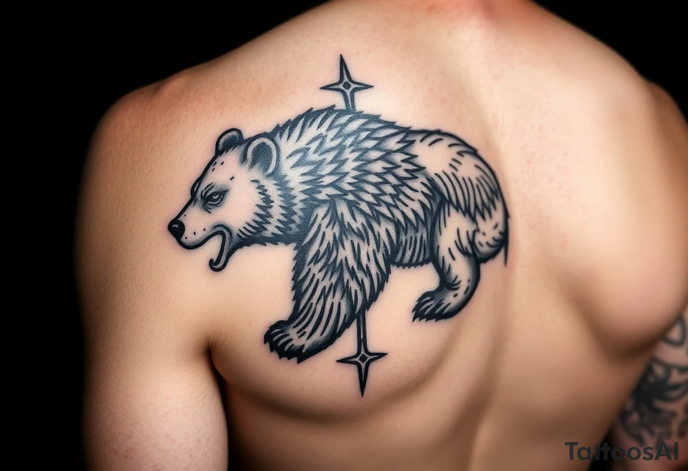 Nordic Viking themed bear on shoulder Vegvisir symbol tribal elder furthark bicep band tattoo idea