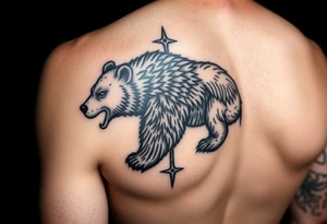 Nordic Viking themed bear on shoulder Vegvisir symbol tribal elder furthark bicep band tattoo idea
