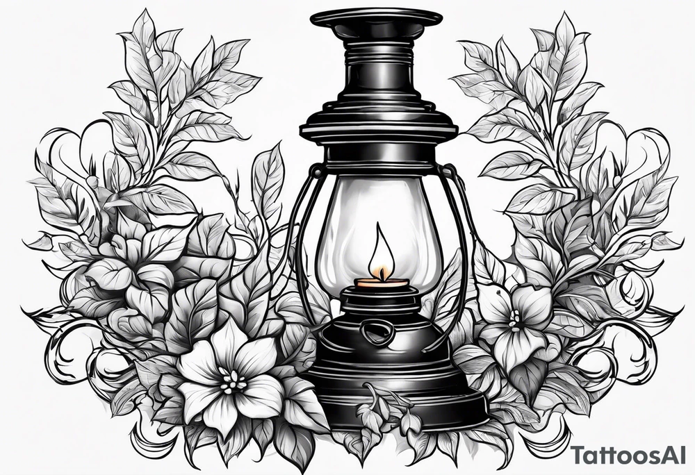 Oil lamp surrounded by leafy vines tattoo idea