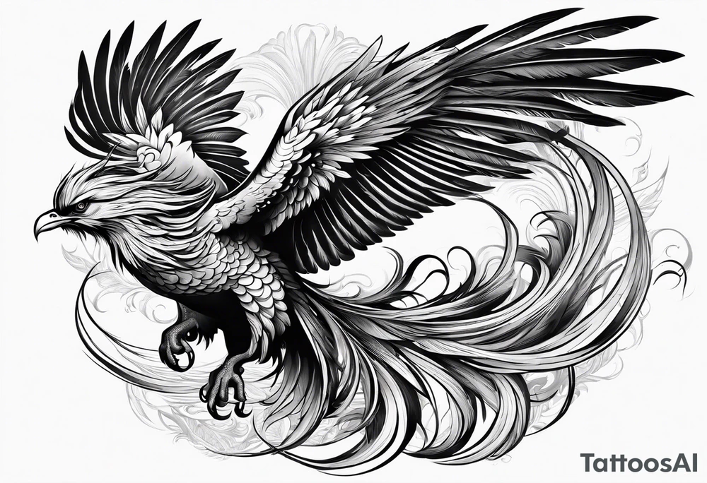 asian elegant long feathered phoenix
in flight tattoo idea
