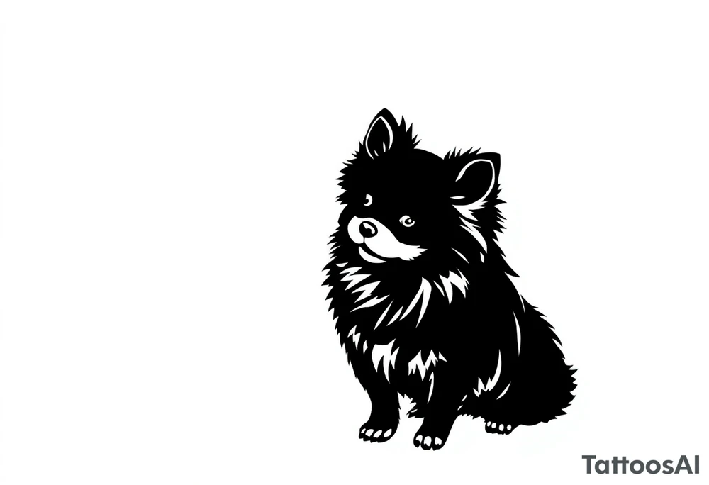 A silhouette stencil style drawing of a cute female Pomeranian tattoo idea