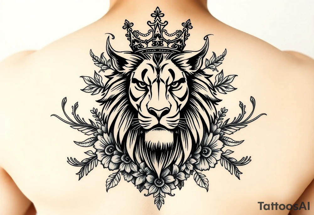 powerful majestic lion with a crown, surrounded by floral ornaments and birds tattoo idea