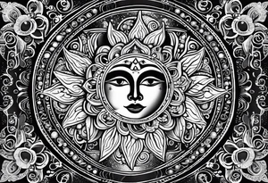 Mexican feminine alien Sun and moon. Freeform rectangular sternum swirls with dots and stars tattoo idea