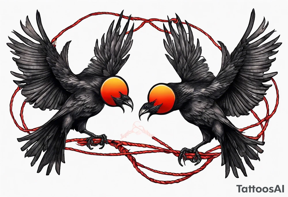 Two black crows flying into the sunset as they carry one long red string between them. tattoo idea