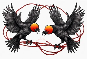 Two black crows flying into the sunset as they carry one long red string between them. tattoo idea