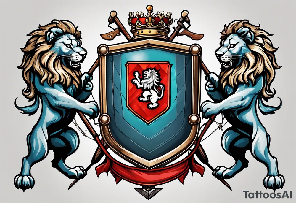 Swanson coat of arms on a shield being held up by two lions with crossed skis behind the shield tattoo idea