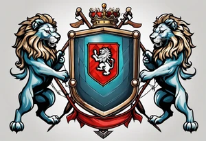 Swanson coat of arms on a shield being held up by two lions with crossed skis behind the shield tattoo idea