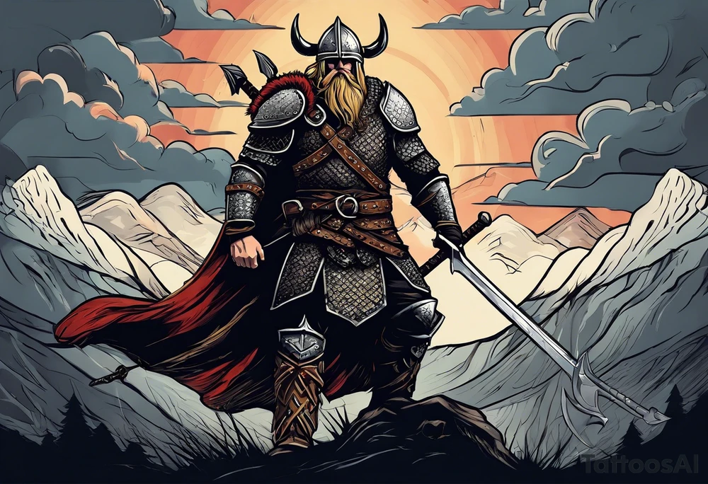 A viking in armor except the helmet on the brink of death pierced with arrows propping himself up with his sword on a seemingly bleak battlefield while still looking up with hope tattoo idea