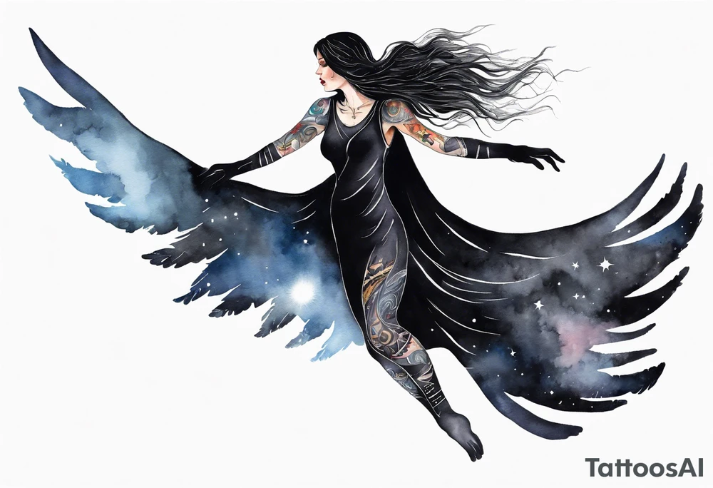 a beautiful 45 year old woman flying in the night sky with black wings, wearing a black cloak and gloves, bare feet tattoo idea