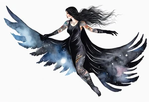 a beautiful 45 year old woman flying in the night sky with black wings, wearing a black cloak and gloves, bare feet tattoo idea