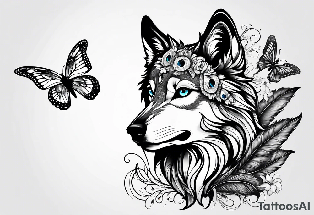 Wolf pup, peacock feather, butterfly,, hummingbird tattoo idea