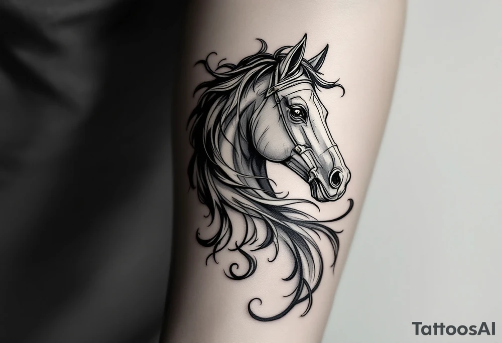 a knight of chess piece. it doesn't have legs, it's a chess piece. 
The knight piece is depicted in motion, slightly tilted forward as if it's charging or coming out of the shadows. The knight’s face is detailed but with a focus on the horse's strong features: its mane flowing in the wind, and the body etched with intricate details to represent strength and agility. The knight is emerging from a shadow, with the front part of the body illuminated in soft, warm light. The shadowed portions near the back and tail create a mystical aura. tattoo idea