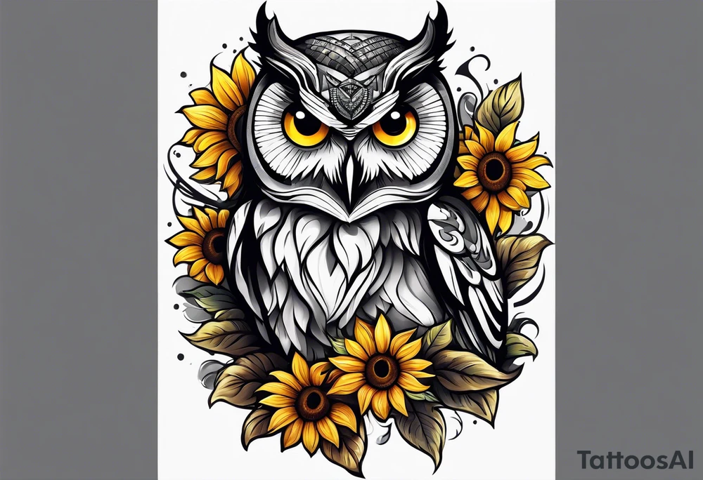 Owl and sunflower sleeve tattoo idea